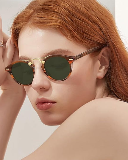 CARFIA Small Face Acetate Polarized Sunglasses for Women UV Protection, Retro Double Bridge Eyewears Metal Brow Round Sunnies