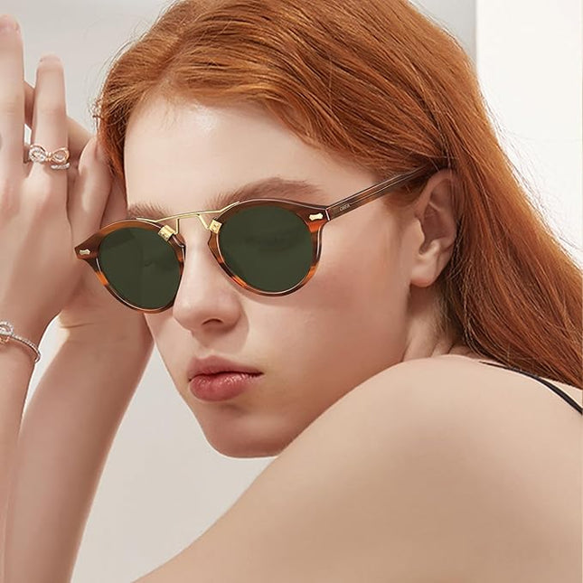 CARFIA Small Face Acetate Polarized Sunglasses for Women UV Protection, Retro Double Bridge Eyewears Metal Brow Round Sunnies