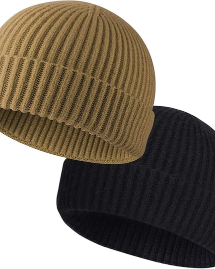 ROYBENS 2 Pack Wool Fisherman Beanies for Men, Knit Short Watch Cap Winter Warm Hats