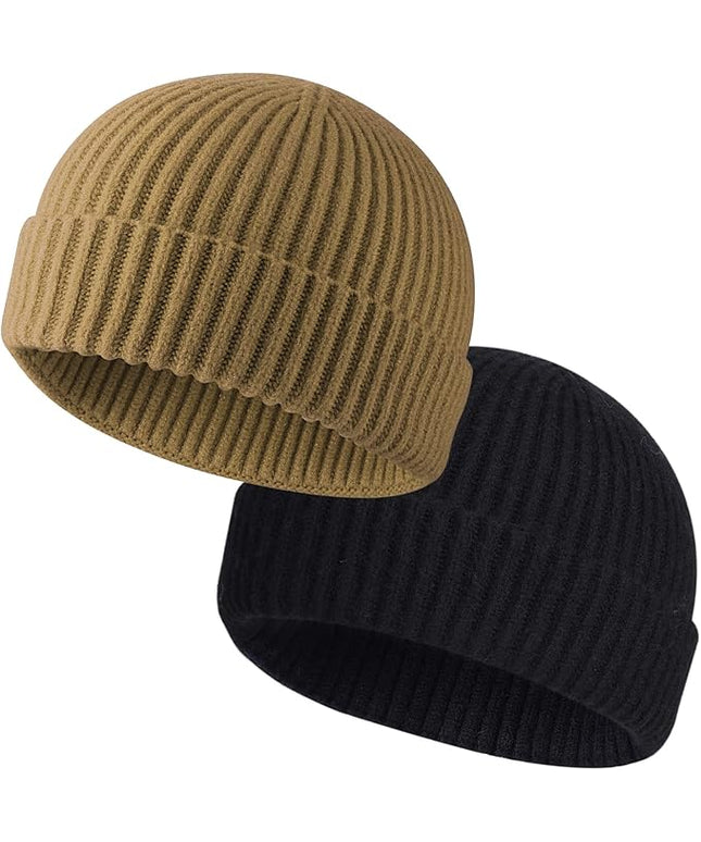 ROYBENS 2 Pack Wool Fisherman Beanies for Men, Knit Short Watch Cap Winter Warm Hats