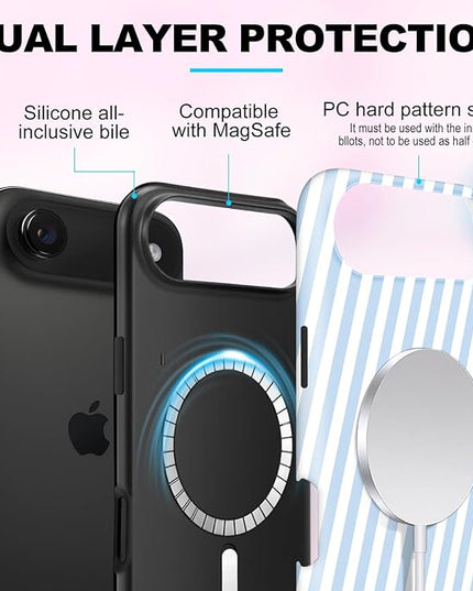 Magnetic for iPhone 17 Air Case Cute Diagonal Stripes Phone Case, Shockproof Slim TPU and Hard PC Protective Phone Cover Compatible with MagSafe Designed for Women Girls,Blue