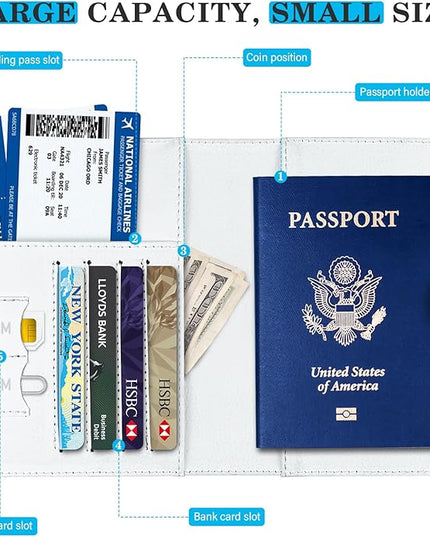 Passport Holder for Trave, RFID Blocking Leather Passport Cover, Combo with Credit Card Slot and Boarding Pass Slot Combo for Women Men