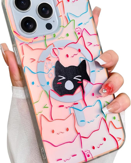 Cute Case for iPhone 15 Pro Case for Women Girls Boys [ Compatible with Magsafe ] Iridescent and Black Cats Cat Pattern Design, Kawaii Colorful Animal Soft Bumper Protective Phone Cover