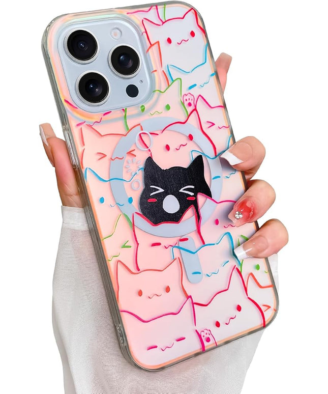 Cute Case for iPhone 15 Pro Case for Women Girls Boys [ Compatible with Magsafe ] Iridescent and Black Cats Cat Pattern Design, Kawaii Colorful Animal Soft Bumper Protective Phone Cover