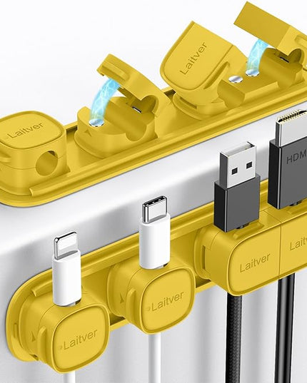 6 Pack Magnetic Cable Clips [1s Open/Lock], Laitver Cord Organizer Holder Strong Adhesive Desk Cable Management- Organize Charging Cords Neatly for Home, Office, Car,Desk, Nightstand-Yellow