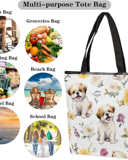 Pardick Canvas Tote Bags, Cute Dog Flower Tote Bag Eco Friendly Reusable Grocery Shopping Bagsfor Beach, Books, Women with Zipper Inner Pocket