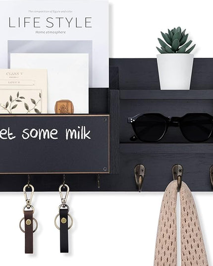 Lwenki Mail and Key Holder – Wall Mount Key Hanger with Shelf and 7 Metal Hooks – Decorative Natural Paulownia Wood Entryway Organizer with Mounting Hardware (16.5”W x 8.7”H x 3.5”D) (Black)