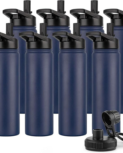DOMICARE Insulated Water Bottle, 22 oz Vacuum Insulated Stainless Steel Reusable Sports Bottle with Straw Lid & Spout Lid for Travel, Camping, Bike, Leakproof, Navy Blue, 8 Pack