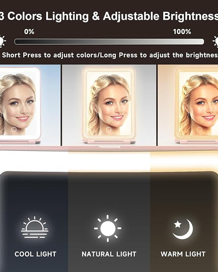 Mocado Travel Makeup Mirror with Light, 1x/10x Magnifying Mirror with Light, 3 Colors Lighted Magnifying Mirror, 2000mAh Rechargeable Lighted Makeup Mirror, Dimmable Touch, Memory Function (Pink)