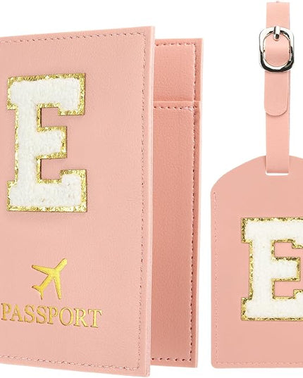 PATIKIL Passport Holder for Travel, Initial Passport Cover and Luggage Tag Set with Alphabet Chenille Letter Patch Travel Wallet Bag Suitcase Identifier for Women Family Travel Pink E