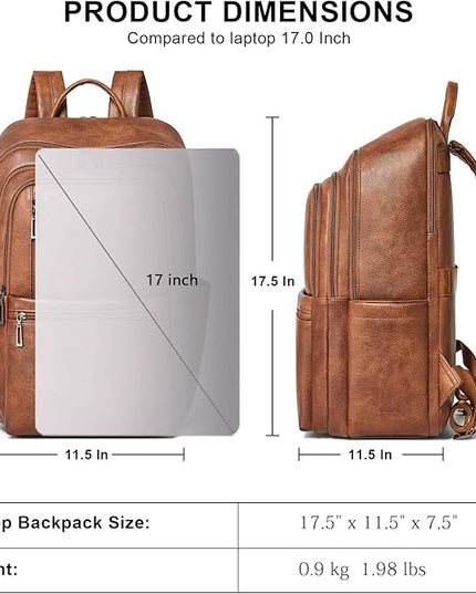 Shrrie 17 inch Leather Laptop Backpack for Women, Large Travel Backpack with 6 Compartments, Vegan Leather Computer backpack purse for WORK Casual Daypack College