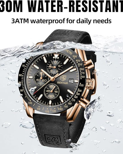 BY BENYAR Watch for Men Analog Quartz Chronograph Waterproof Luminous Designer Mens Wrist Watches Business Work Sport Casual Dress Watch with Silicone Strap Elegant Gifts for Men