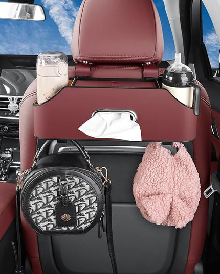 Car Seat Back Organizer - Stylish & Functional Storage for Family Adventures - Cup Holders, Tissue Box & Hooks - Perfect for Kids, Road Trips & Travel (Red)