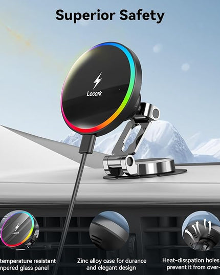 Lecork for Magsafe Car Mount Charger, 15W Magnetic Wireles Car Charger for iPhone 12 13 14 15 16 Series, Stick On Dashboard Phone Holder Mount for Samsung S25 Series, Zinc Alloy Shell, Black