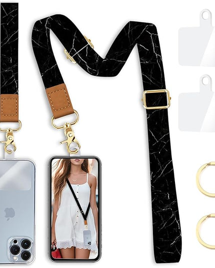 Phone Lanyard Crossbody Wrist Strap, Black Marble Adjustable Cell Phone Lanyard Wristlet Strap with 2 Tether Tabs for Women ID Badges Accessories