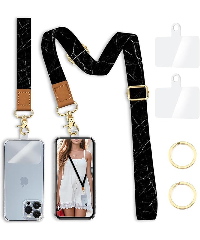 Phone Lanyard Crossbody Wrist Strap, Black Marble Adjustable Cell Phone Lanyard Wristlet Strap with 2 Tether Tabs for Women ID Badges Accessories