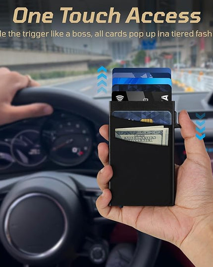 Slim Card Holder Wallet for Men with 12 Card Slots,RFID Blocking Pop Up men's wallet,Metal Wallet with Superelastic Material Expandable Front Pocket Perfectly holds cards,bills,and coins(Black)