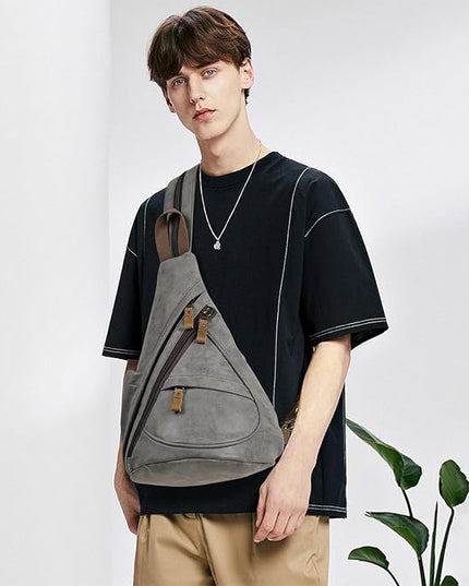 KL928 PU Leather Sling Bag - Small Crossbody Backpack Shoulder Casual Daypack Rucksack for Men Women(Dark Grey)