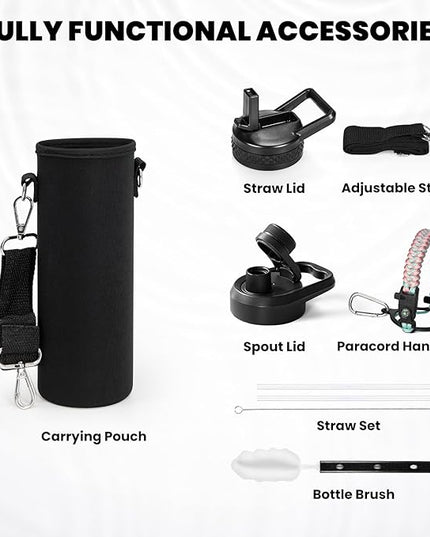 Insulated Water Bottle 24oz, Triple Wall Vacuum Stainless Steel (Cold for 48 Hrs, Hot for 24Hrs), Leak Proof & Non-BPA, 24oz Hydro Water Flask with Paracord Handle & Straw Spout Lids