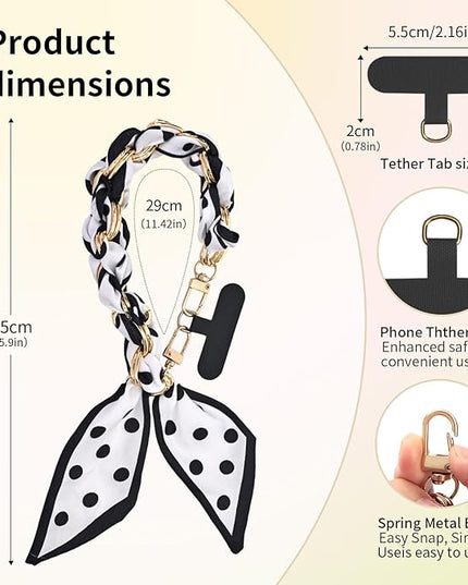 Fycyko Phone Wrist Strap with Gold Metal Scarf and Universal Tether Tab, Aesthetic Print Design Ribbon Chain, Multi-Purpose Accessories for Bag Key Cellphone for Men Women Girls-Black Polka Dot