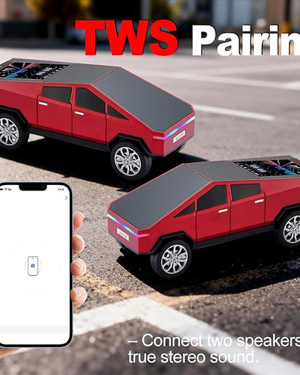 Futuristic Truck Model Bluetooth Replica Speaker with LED Display Screen – Considerate Gift for Car Design Fans & Audio Users, TWS Stereo, FM, USB/TF Playback, LED Headlights, Built-in Mic (Red)