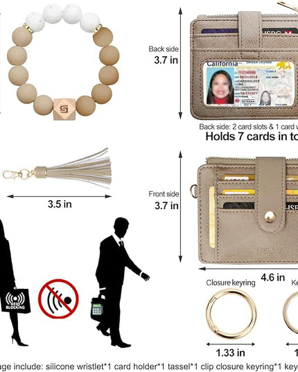 COOLANS Silicone Bracelet Wristlet Wallet Credit Card Holder RFID,ID Window,Key Ring Tassel,Slim Wallet Women Keychain Purse