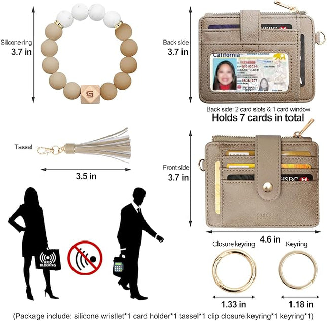 COOLANS Silicone Bracelet Wristlet Wallet Credit Card Holder RFID,ID Window,Key Ring Tassel,Slim Wallet Women Keychain Purse