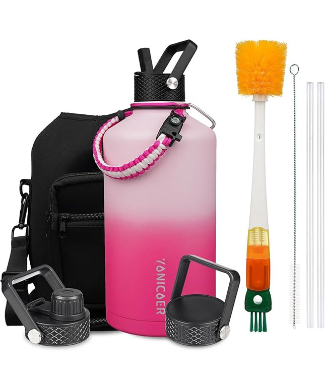 Insulated Water Bottle 128oz,Triple Wall Vacuum Stainless Steel(Dishwasher Safe),Leak Proof & Non-BPA,Flask Jug with Paracord Handle & Straw Spout Lids Sports Cherry Blossom