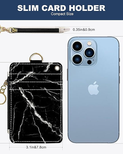 Slim Wallet Credit Card Holder, Black marble texture, RFID Wallet Women Cute Small Front Pocket Wallet With Zipper, PU Leather Thin travel RFID Blocking Card Case ID Window,Ladies Gifts