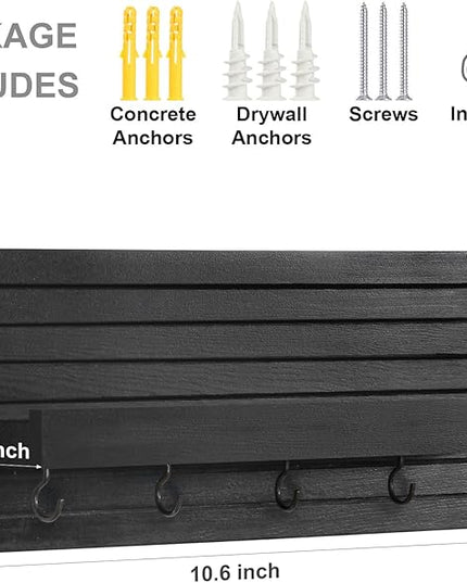 Lwenki Decorative Key Holder for Wall with Shelf, Entryway Shelf with Hooks Holds Leashes, Jackets and Glasses – Sturdy Wood Keyholder Entrance Hanger with Mounting Hardware (Black, Medium)