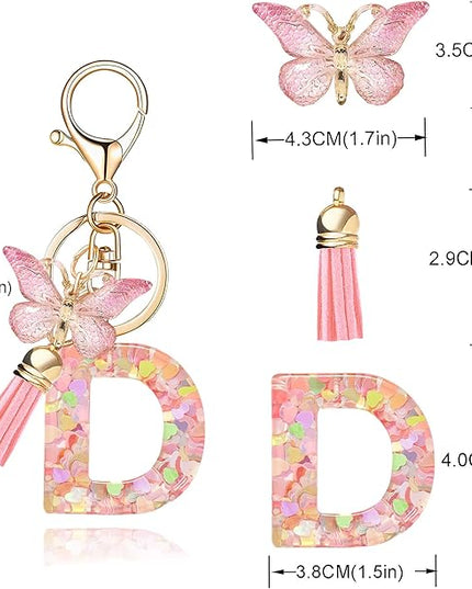 Fashion Alphabet Initial Letter Keychain Tassel Butterfly Pendant Key Ring for Purse Handbags Women Girl