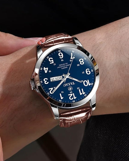 Men's Watches Leather Band Stainless Steel Quartz Analog Watch Luxury Waterproof Watches for Men Dress Men's Wrist Watch with Day Date Arabic Numeral Relojes para Hombre