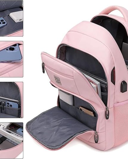 Laptop Backpack,Business Travel Anti Theft Slim Durable Laptops Backpack with USB Charging Port,Water Resistant College Computer Bag for Women & Men Fits 15.6 Inch Laptop and Notebook-Light Pink