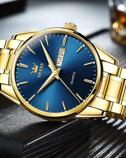 OLEVS Men's Luxury Watch Waterproof Luminous Easy Read Chronograph Watches Full Gold/White Dail/Black Face with Calendar Wristwatch