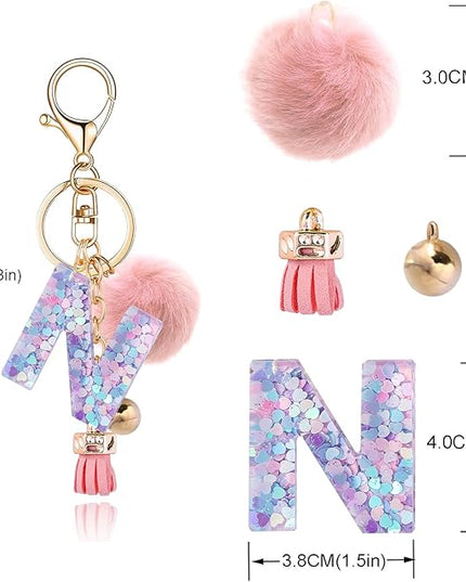 Resin Alphabet Initial Letter Keychain Keyring for Women Purse Handbags With Fur Ball Pom