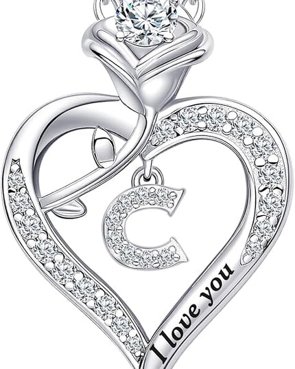 Rose Heart Pendant Necklace Gifts for Wife, Engraved 'I love you' Gift for Wife Girlfriend, Anniversary Birthday Eternity Jewelry Present for Women, Moissanite Necklace Gift for Her