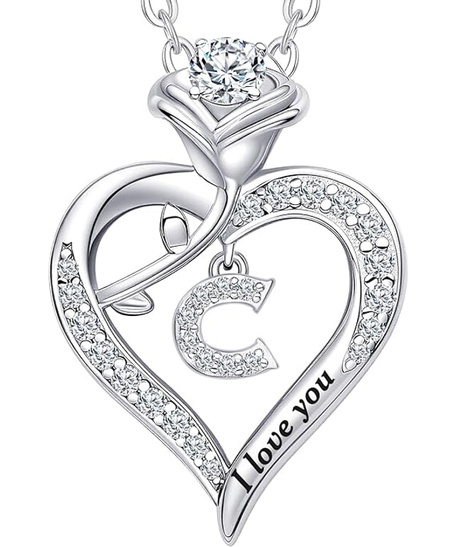 Rose Heart Pendant Necklace Gifts for Wife, Engraved 'I love you' Gift for Wife Girlfriend, Anniversary Birthday Eternity Jewelry Present for Women, Moissanite Necklace Gift for Her