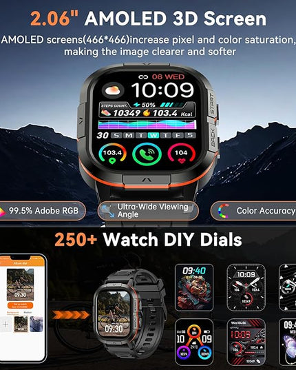 Smart Watch for Men Fitness Tracker: Make/Answer Call Military Smart Watches for Men Digital Watches Heart Rate Monitor Waterproof Running Smartwatch Android Phones iPhone Samsung Compatible 2 Bands
