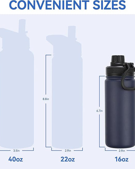 DOMICARE 16 oz Kids Water Bottle for School Stainless Steel Double Wall Vacuum Insulated Water Bottle with Straw lids & Spout Lid, Leakproof BPA Free (Navy,4)