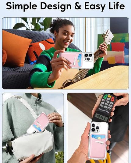 SS Phone Wallet Stick On - Leather Safe Card Holder for iPhone and Samsung Case, Minimalist Double Pocket Back of Cell Phone, Compatible With iPhone 16/15/14/13/12 Series, Pink White (2 Pack)