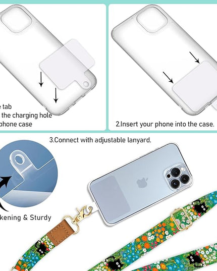 Phone Lanyard Crossbody Wrist Strap, Black Cat Flower Cell Phone Lanyards for Around the Neck Wristlet Shoulder, Adjustable Cute Strap for Car Keys Keychain Wallet ID Badge