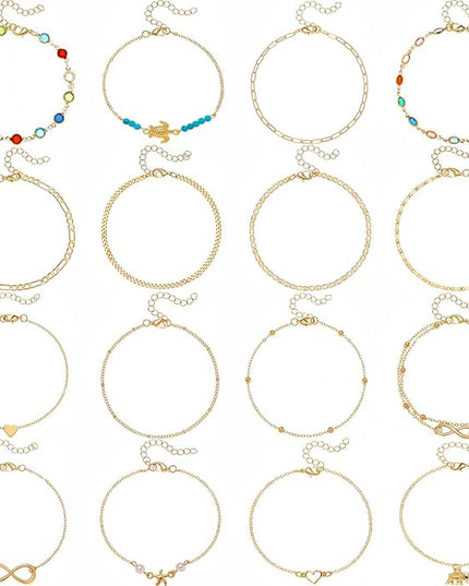 Starain 12Pcs Summer Beach Anklets for Women Waterproof Gold Silver Chain Ankle Bracelets Cute Women's Foot Anklet Set 7.9-10.5 inch Adjustable