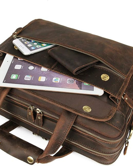 Augus Leather Briefcase for Men Business Travel Messenger Bags 15.6 Inch Laptop Bag YKK Metal Zipper, Brown