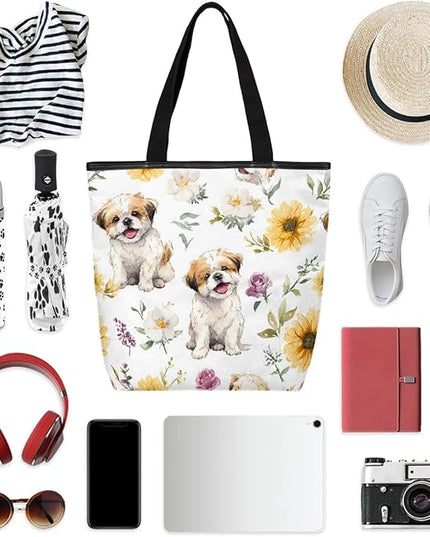 Pardick Canvas Tote Bags, Cute Dog Flower Tote Bag Eco Friendly Reusable Grocery Shopping Bagsfor Beach, Books, Women with Zipper Inner Pocket