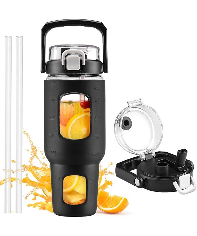 BLUEGO 40oz Glass Tumbler with Lid and Straw, Glass Water Bottles with Handle, Glass Cup with Time Marker and Silicone Sleeve, Fits Most Cup Holder, Leak-proof, Black