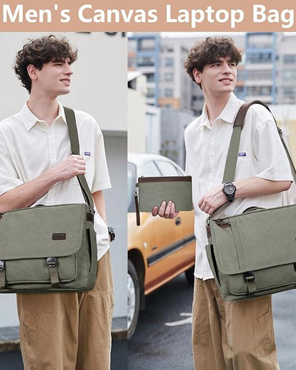 Nerlion Messenger Bag for Men 17-17.3 Inch Laptop Bag Canvas Water-resistant Computer Bag Shoulder Bag Work Briefcase Bookbag for College (Green)