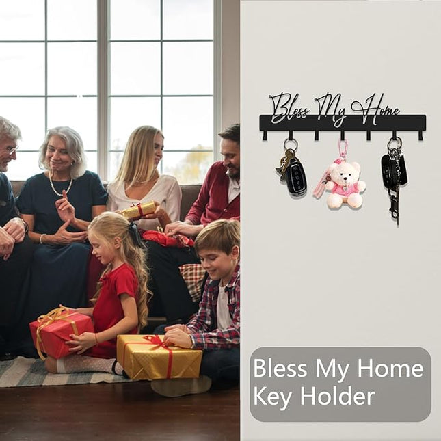 ShowMtheM Exquisite Fashion Phrase Key Holder Wall Mount,Bless My Home Key Kooks for Wall Decoration,Black Metal Key Hanger with 7 Kooks for Entryway,Office,Living Room Decor