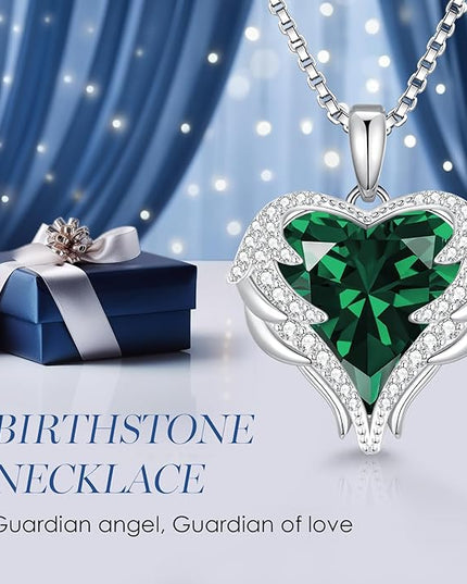 CDE Christmas Gifts for Women Angel Wings Necklace for Women with Birthstone, Love Heart Silver Tone/Gold Tone Pendant, Ideal Anniversary or Birthday Jewelry Gifts for Wife Girlfriend Her