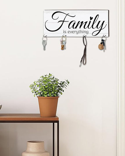 MBYHP Wooden Key Holder with 4 Hooks - Family is Everything Decorative Key Organizer for Wall - Home Office Kitchen Hallway Entryway Wall Decor for Keys, Dog Leash Hanging - A06