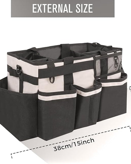 Wearable Cleaning Caddy, Cleaning Caddy Supplies Organizer with Handle & Shoulder Straps for Housekeepers, Under Sink & Car Cleaning Tool Organizers Bag with 4 Foldable Divider (Beige)